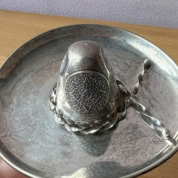 HEAVY Mexican Sombrero Hat 925 SS trinket jewelry ring dish Mayan Aztec Calendar